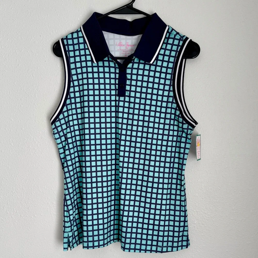 Lillie Green Women's Sleeveless Golf Polo Shirt - Navy‎ Aqua Grid Pattern - Picture 2 of 7
